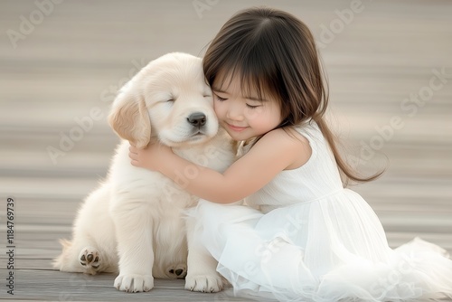 Asian Girl Hugging Golden Retriever Puppy Outdoors. Tender Moment Captures Warm Bond Between Child and Pet. Soft Light Highlights Innocence and Joy. Perfect for Family Themes. AI generated photo