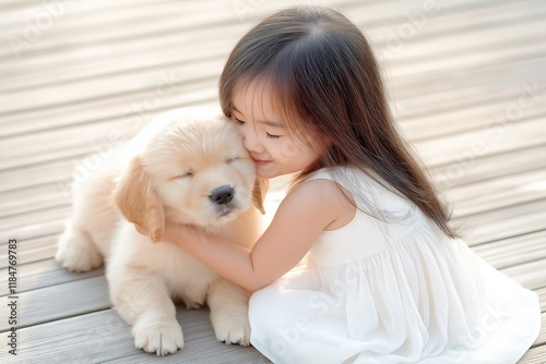 Asian Girl Hugging Puppy Outdoors. Soft Light Enhances Sweet Bond Between Child and Pet. Warm Scene Reflects Innocence and Joy. Ideal for Family and Animal Themes. AI generated photo