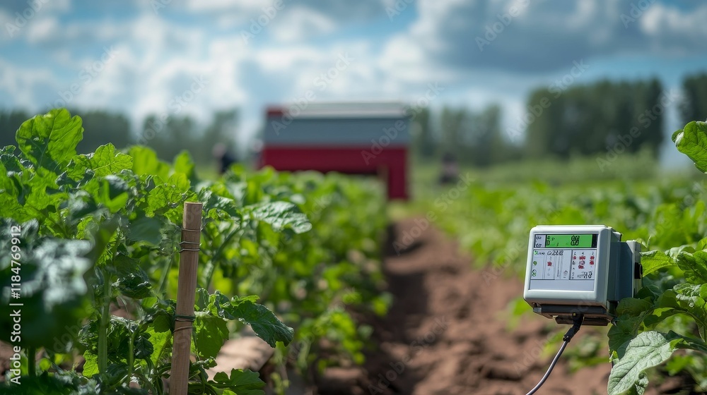Digital soil sensor monitors growing plants. Digital soil sensor monitors growing plants.