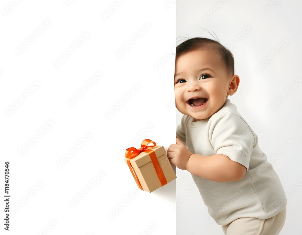 Happy Baby with Gift Box Peeking from Blank Space Happy Baby with Gift Box Peeking from Blank Space