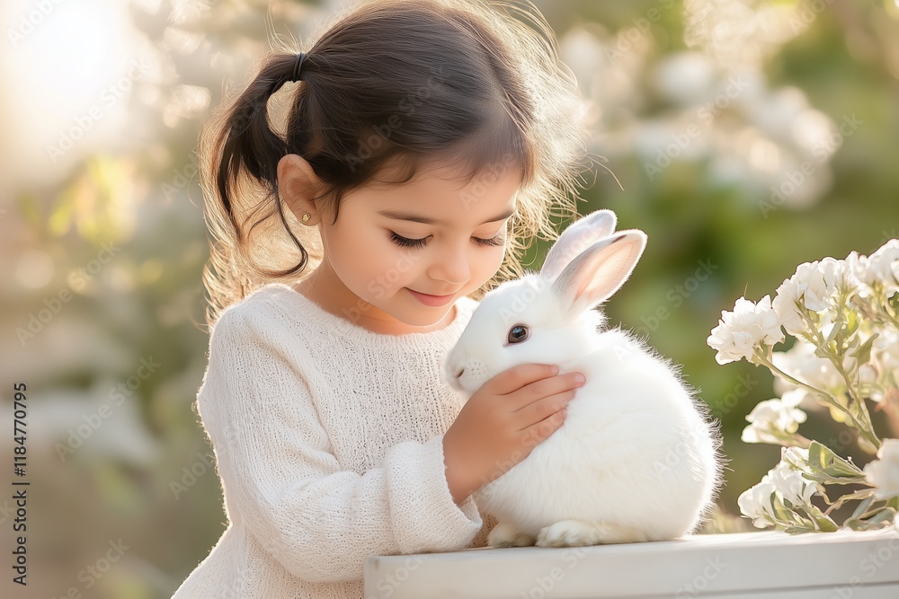 Little Girl is Petting White Rabbit on Table Surrounded by Flowers. Her Hair is in Pigtails, and She is Wearing a White Sweater. Peaceful Moment in Natural Setting. AI generated Little Girl is Petting White Rabbit on Table Surrounded by Flowers. Her Hair is in Pigtails, and She is Wearing a White Sweater. Peaceful Moment in Natural Setting. AI generated