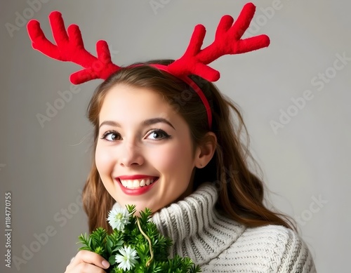 Joyful holiday model wearing antlers and holding garland while playfully peeking photo
