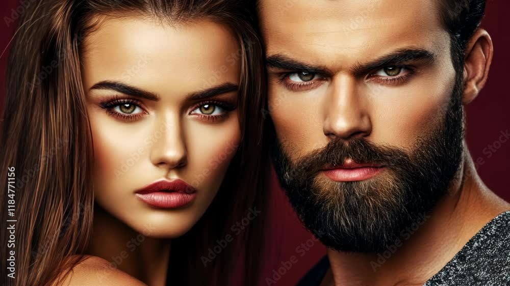 Two models pose closely together, showcasing striking features and intense expressions in a dramatic lighting setup Two models pose closely together, showcasing striking features and intense expressions in a dramatic lighting setup