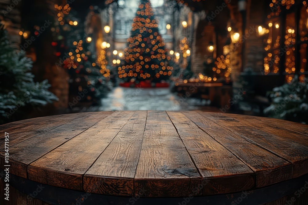 traditional wooden table setting with festive christmas tree empty rustic surface for product display with holiday decorations in background traditional wooden table setting with festive christmas tree empty rustic surface for product display with holiday decorations in background