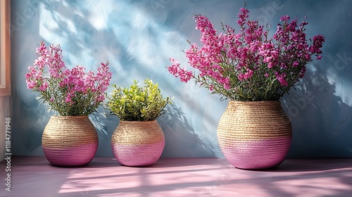 Pink Flowers in Decorative Woven Pots Against Blue Wall