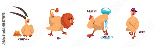Zodiac Sign with Funny Chick Character Vector Set