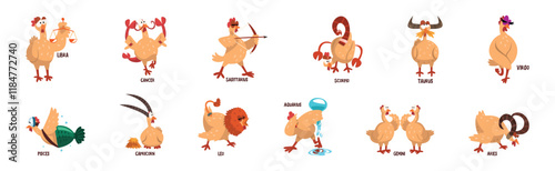 Zodiac Sign with Funny Chick Character Vector Set