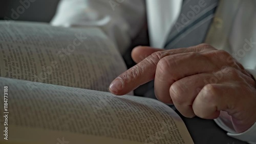 bald man with glasses open the book of the bible and read it daytime in a retro room