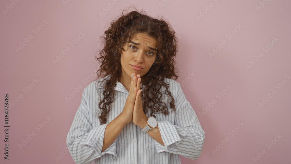 Young brunette hispanic woman in striped shirt with hands in praying gesture, looking at camera over isolated pink background Young brunette hispanic woman in striped shirt with hands in praying gesture, looking at camera over isolated pink background