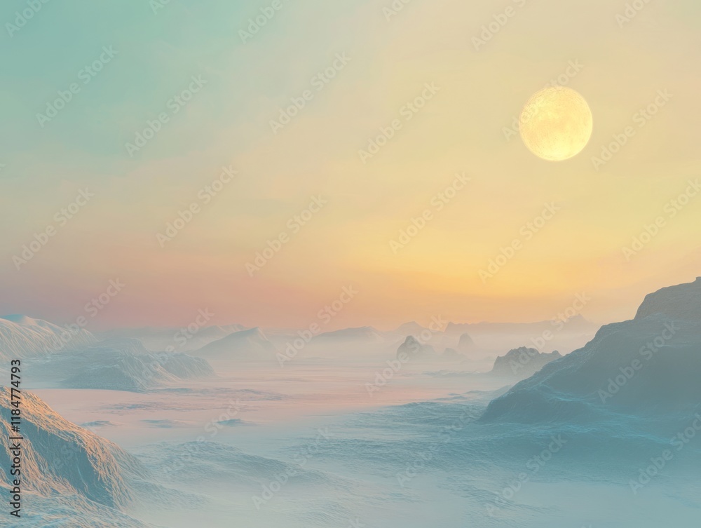 Fototapeta premium Serene Pastel Landscape with Distant Moon and Mountains