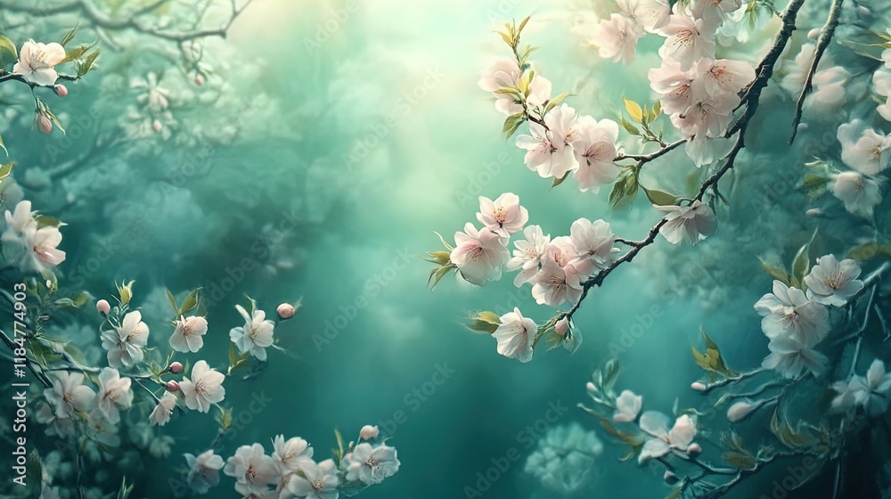 A serene composition featuring delicate cherry blossom branches with soft pink flowers against a dreamy, ethereal green background. The gentle light filters through the blossoms, creating a tranquil a A serene composition featuring delicate cherry blossom branches with soft pink flowers against a dreamy, ethereal green background. The gentle light filters through the blossoms, creating a tranquil a