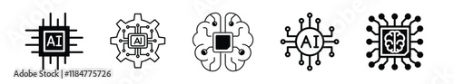 Artificial intelligence set of web icons inline style. AI technology icons for web and mobile apps. Machine learning, digital AI technology, algorithms, smart robotics, cloud computing network.