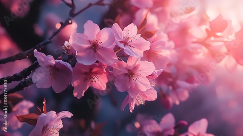 A close-up photograph of delicate cherry blossoms in full bloom, showcasing soft pink petals against a blurred, dreamy background. The image captures the intricate details of the flowers, with sunligh photo