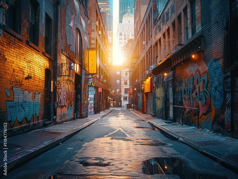 Fototapeta premium Sunlight floods a hidden alley filled with vibrant murals, showcasing the art of urban exploration