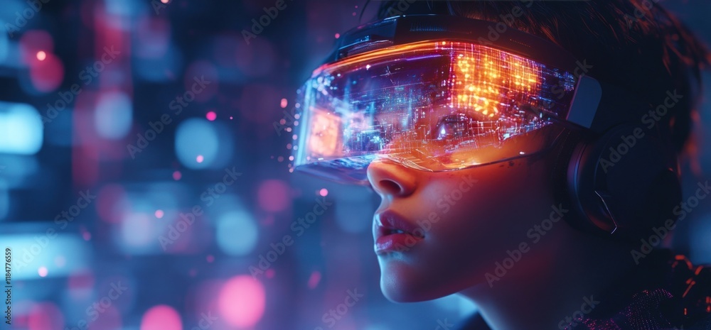 Person wearing futuristic glasses, exploring virtual reality. Person wearing futuristic glasses, exploring virtual reality.