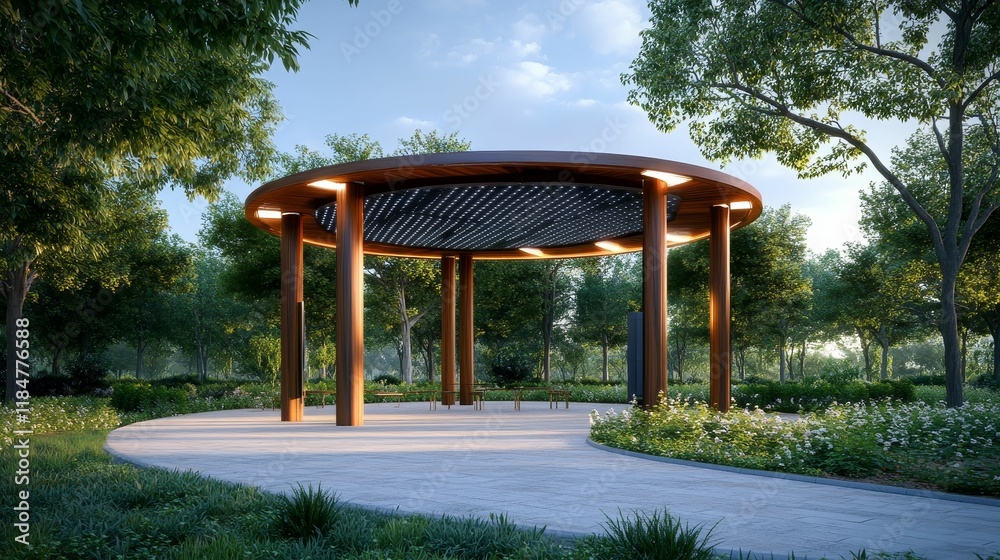 Wooden gazebo, lit ceiling, park setting, paved path.