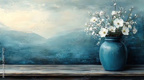 White Flowers in Teal Vase Against Blue Background