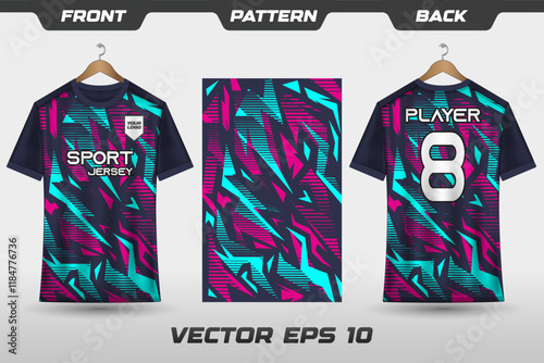 T-shirt sport jersey design template with abstract grunge halftone pattern background. Sport uniform in front view. T-shirt mock up for sport club. Vector Illustration