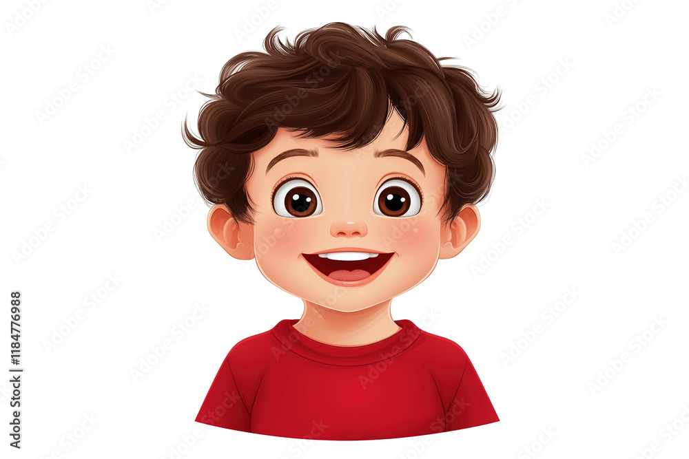 Happy young child with curly hair smiling joyfully in a bright red shirt Happy young child with curly hair smiling joyfully in a bright red shirt