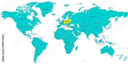 World Map Highlighting Country of Greece With Geographic Details