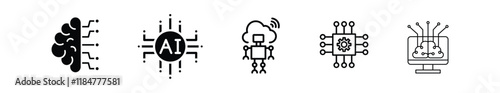 Artificial intelligence set of web icons inline style. AI technology icons for web and mobile apps. Machine learning, digital AI technology, algorithms, smart robotics, cloud computing network.
