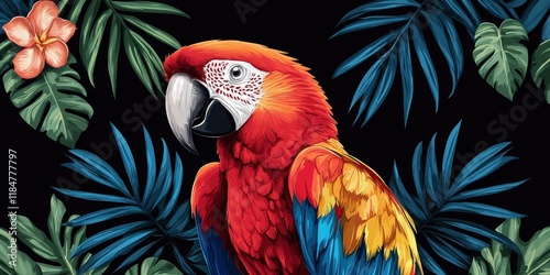 Vibrant parrot silk screen print tropical forest digital art exotic setting close-up colorful wildlife photo