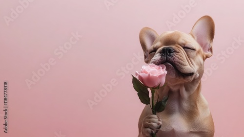 A French bulldog holds a red rose in its mouth, exuding playful romance against a simple backdrop for Valentine s Day photo