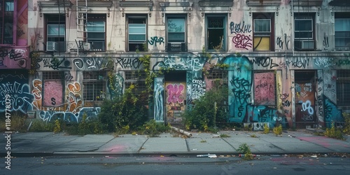 Wallpaper Mural A rundown building covered in vibrant graffiti, surrounded by overgrown plants and urban decay. Torontodigital.ca