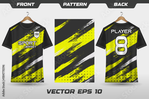 T-shirt sport jersey design template with abstract grunge halftone pattern background. Sport uniform in front view. T-shirt mock up for sport club. Vector Illustration