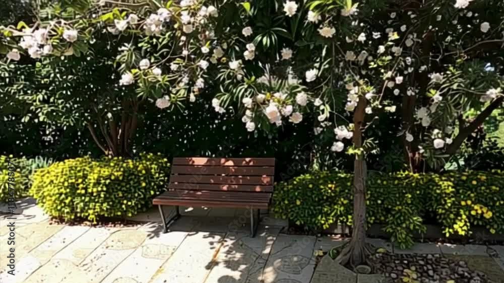 Shaded Garden Bench Under a Flowering Tree Shaded Garden Bench Under a Flowering Tree
