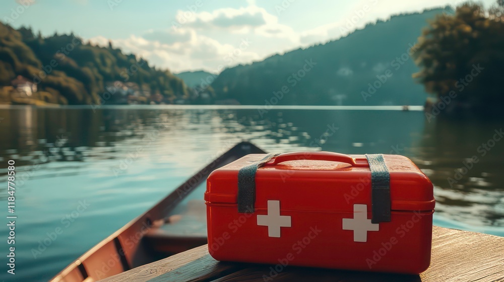 Red first-aid kit on a boat by a lake. Red first-aid kit on a boat by a lake.
