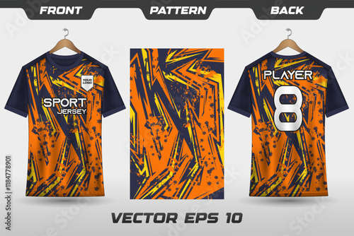 T-shirt sport jersey design template with abstract grunge halftone pattern background. Sport uniform in front view. T-shirt mock up for sport club. Vector Illustration