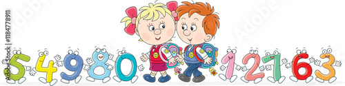 Little schoolgirl and schoolboy first graders going to school with funny colorful toy numbers friendly smiling and waving in greeting, vector cartoon illustration on white