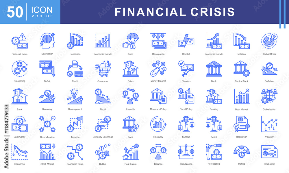 custom made wallpaper toronto digitalEconomy Crisis icon collection set. Containing depressions, economic downturn, financial meltdown, stock marker cash, recession, credit crunch, default, trade war icon. Simple vectors illustration.