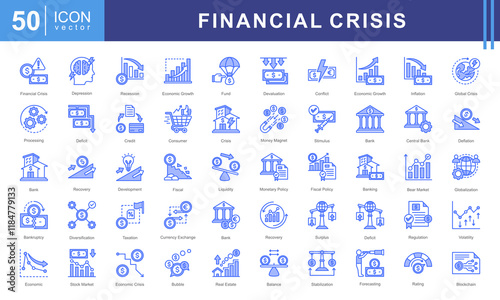 Economy Crisis icon collection set. Containing depressions, economic downturn, financial meltdown, stock marker cash, recession, credit crunch, default, trade war icon. Simple vectors illustration.