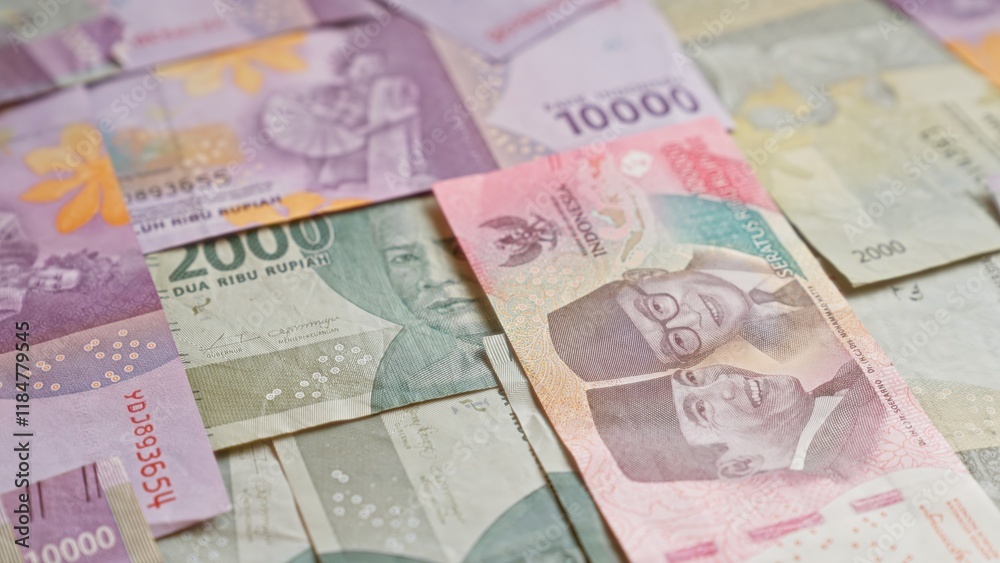 Obraz premium Closeup of colorful indonesian rupiah banknotes laid out, showcasing various denominations and portraits.
