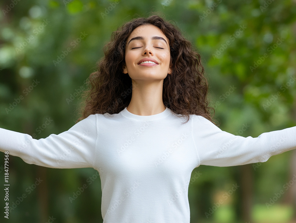 Joyful woman enjoying nature in a serene park setting Joyful woman enjoying nature in a serene park setting