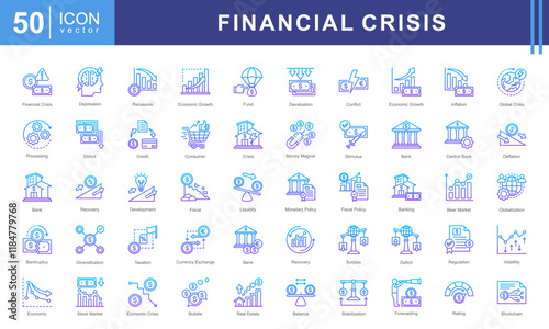 Economy Crisis icon collection set. Containing depressions, economic downturn, financial meltdown, stock marker cash, recession, credit crunch, default, trade war icon. Simple vectors illustration.