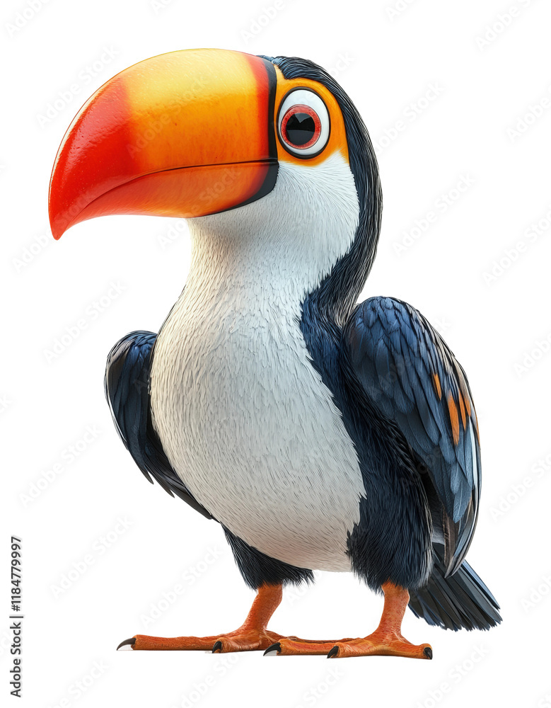 Naklejka premium Vibrant animated toucan with colorful clay beak in lush jungle high fidelity eye-level perspective isolated on transparent background png