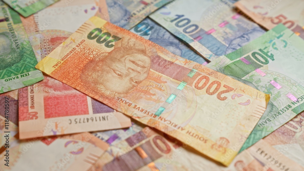 South african banknotes featuring mandela scattered in a pile, showcasing various denominations of colorful currency prominently displaying the 200 rand note. South african banknotes featuring mandela scattered in a pile, showcasing various denominations of colorful currency prominently displaying the 200 rand note.