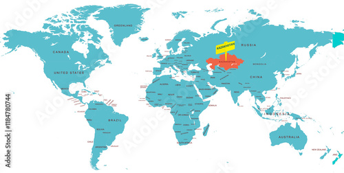 World Map Highlighting Country of Kazakhstan With Geographic Details
