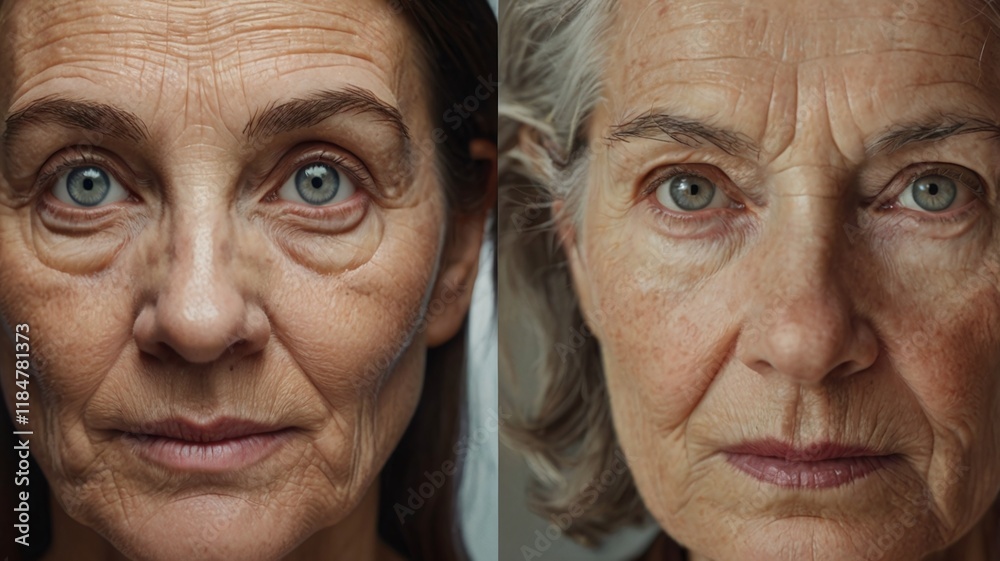 A close-up comparison of the eyes of a young woman and an older woman, highlighting the visible differences in skin texture and wrinkles A close-up comparison of the eyes of a young woman and an older woman, highlighting the visible differences in skin texture and wrinkles