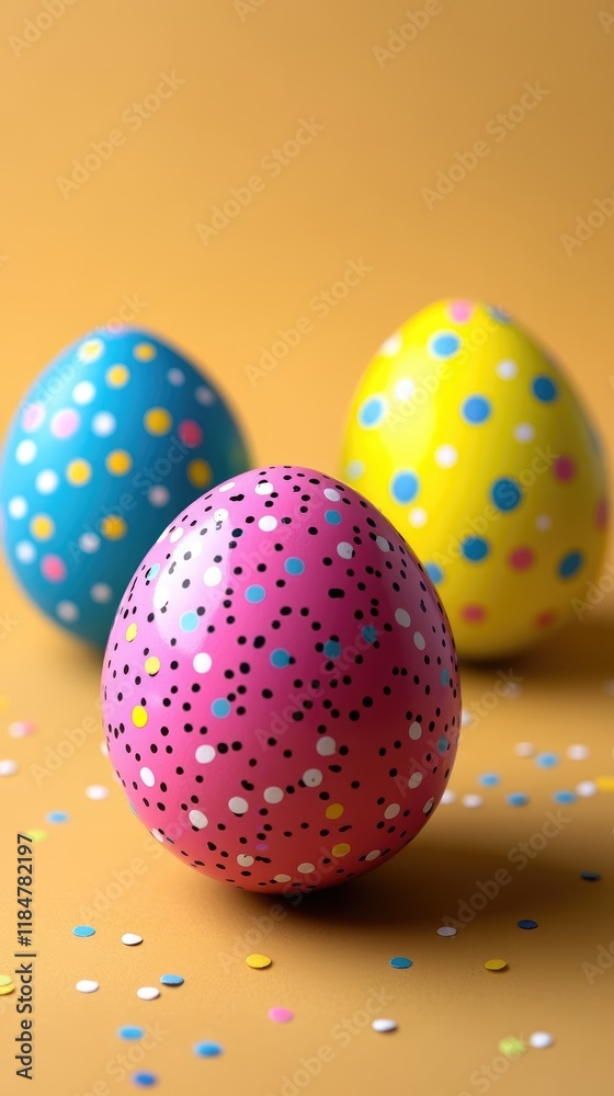 Colorful Polka Dot Easter Eggs on Yellow Background with Confetti Colorful Polka Dot Easter Eggs on Yellow Background with Confetti