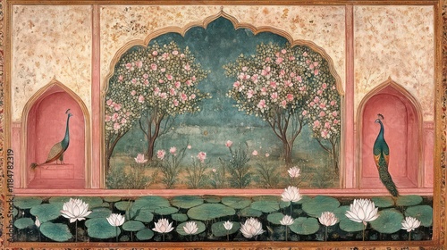Peacocks flanking a tranquil garden scene with flowering trees, pink roses, lotuses, and a reflecting pool, depicted within an ornate architectural frame.