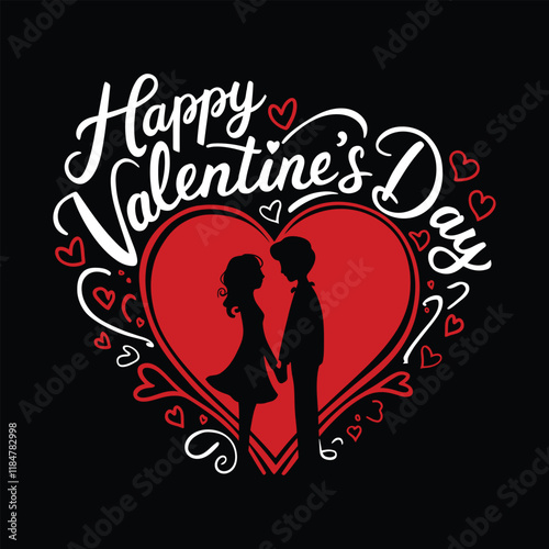 Happy Valentine's Day typography, t shirt design graphic with a couple in a heart.