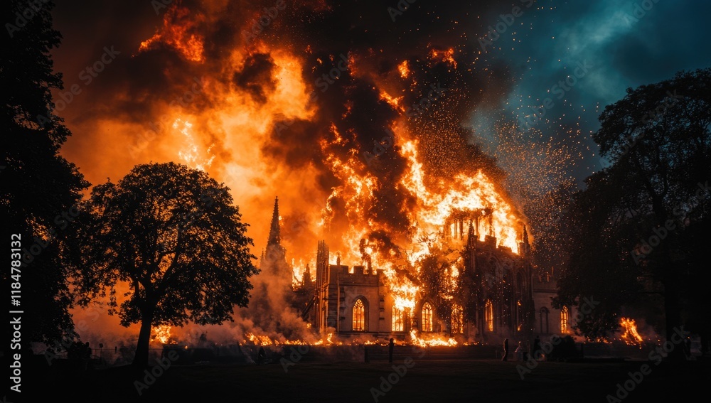 Flames consume a grand structure, sending smoke and sparks into the dark evening sky. The scene captures chaos as nature reacts to the destructive force of fire in a mesmerizing display Flames consume a grand structure, sending smoke and sparks into the dark evening sky. The scene captures chaos as nature reacts to the destructive force of fire in a mesmerizing display