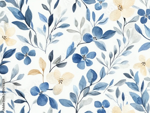 Watercolor Floral Pattern Blue Beige Leaves Flowers