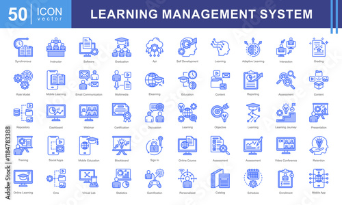 Learning Management System icon collection set. Containing blended, virtual classroom, courseware, gamification, assessment, synchronous, course catalog icon. Simple vectors illustration.