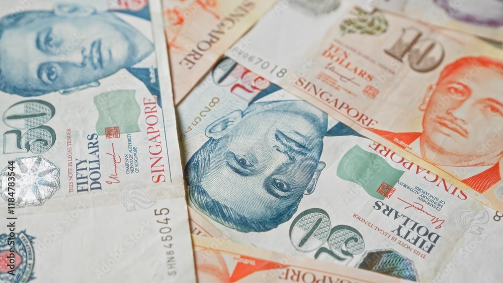 Obraz premium Singaporean dollars in various denominations displayed showing vibrant banknotes featuring national figures and intricate design elements.