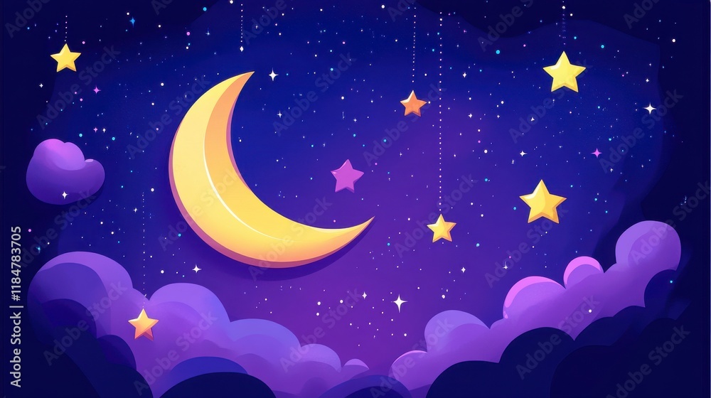 Naklejka premium Enchanted Night Sky with Stars and Moon. A Dreamy and Peaceful Night Sky Illustration for Kids.